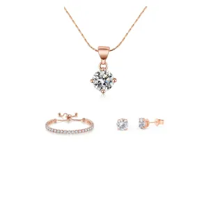 10k Rose Gold 6 Ct Round Created White Sapphire Set of Necklace, Earrings and Bracelet Plated