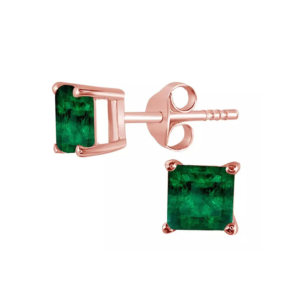 10k Rose Gold Plated 1 Carat Princess Cut Created Emrald Stud Earrings