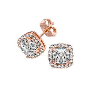 10k Rose Gold Plated 1 Carat Princess Cut Created Halo Sapphire Stud Earrings