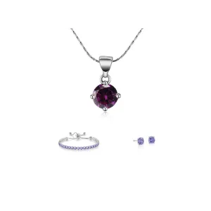 10k White Gold 7 Ct Round Created Tanzanite Set of Necklace, Earrings and Bracelet Plated