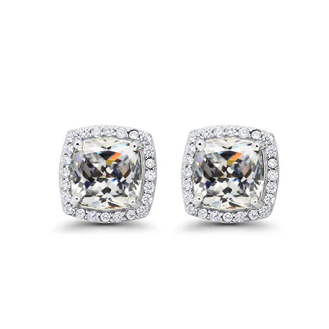 10k White Gold Plated 1 Ct Created Halo Princess Cut White Sapphire Stud Earrings