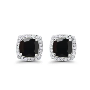 10k White Gold Plated 1/2 Ct Created Halo Princess Cut Black Sapphire Stud Earrings