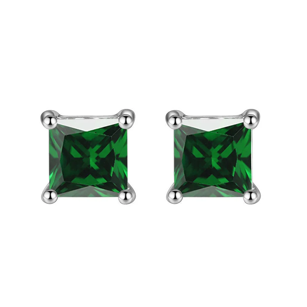 10k White Gold Plated 1/2 Ct Princess Cut Created Emerald Stud Earrings