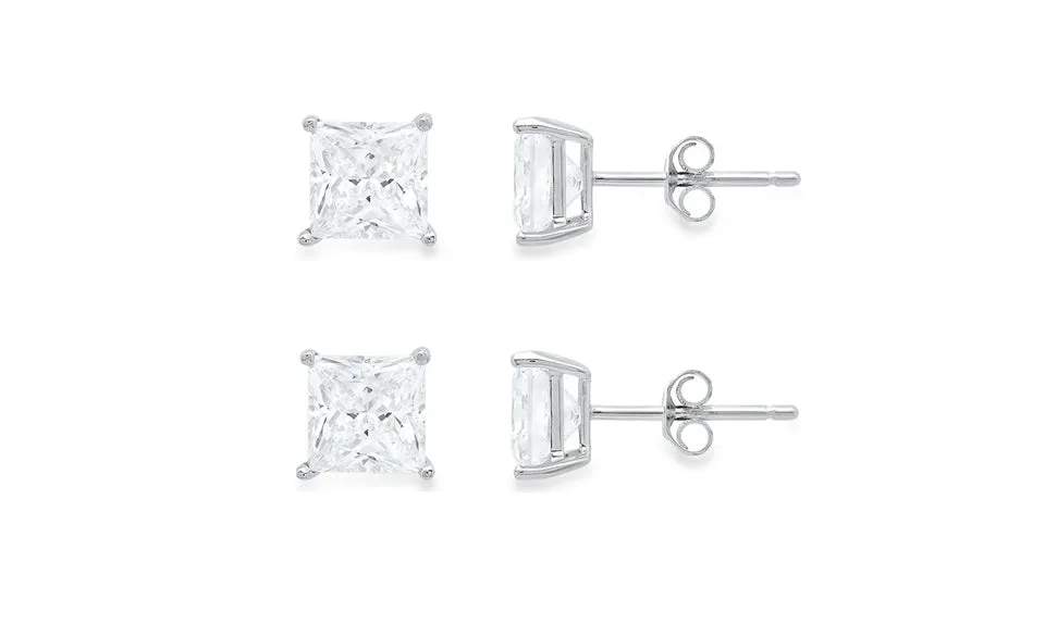 10k White Gold Plated Created White Sapphire 1/2Ct Princess Cut Set Of Two Stud Earrings