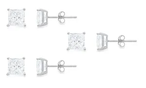 10k White Gold Plated Created White Sapphire 4Ct Princess Cut Set Of Three Stud Earrings