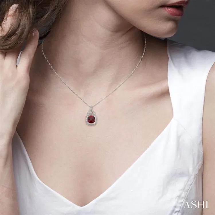 10x10 MM Cushion Shape Garnet and 1/20 Ctw Single Cut Diamond Pendant in Sterling Silver with Chain