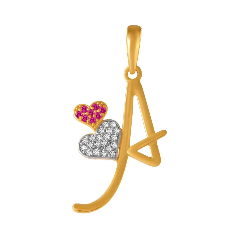 14k 'a' Letter Double Hearts Gold  Pendent With Purple Stone