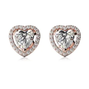 14k Rose Gold Plated 1 Ct Created Halo Heart White Sapphire Stud Earrings