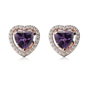 14k Rose Gold Plated 1/2 Ct Created Halo Heart Amethyst Stud Earrings