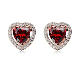 14k Rose Gold Plated 2 Ct Created Halo Heart Garnet Stud Earrings