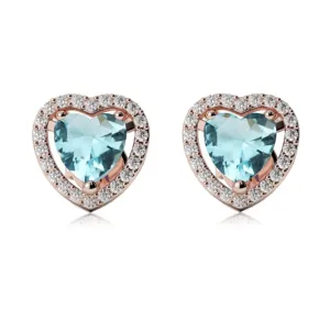 14k Rose Gold Plated 4 Ct Created Halo Heart Aquamarine Stud Earrings