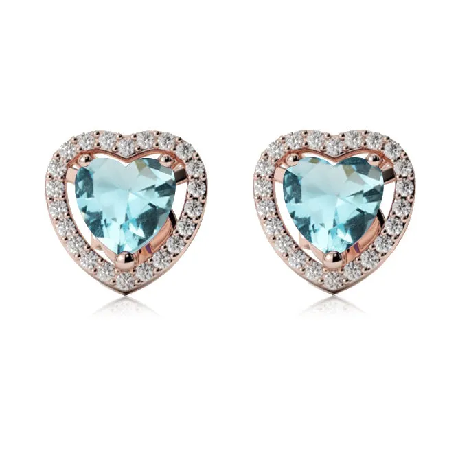 14k Rose Gold Plated 4 Ct Created Halo Heart Aquamarine Stud Earrings