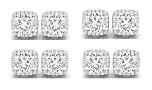 14k White Gold 4Ct Cushion Cut White Sapphire Set Of Four Halo Stud Earrings Plated