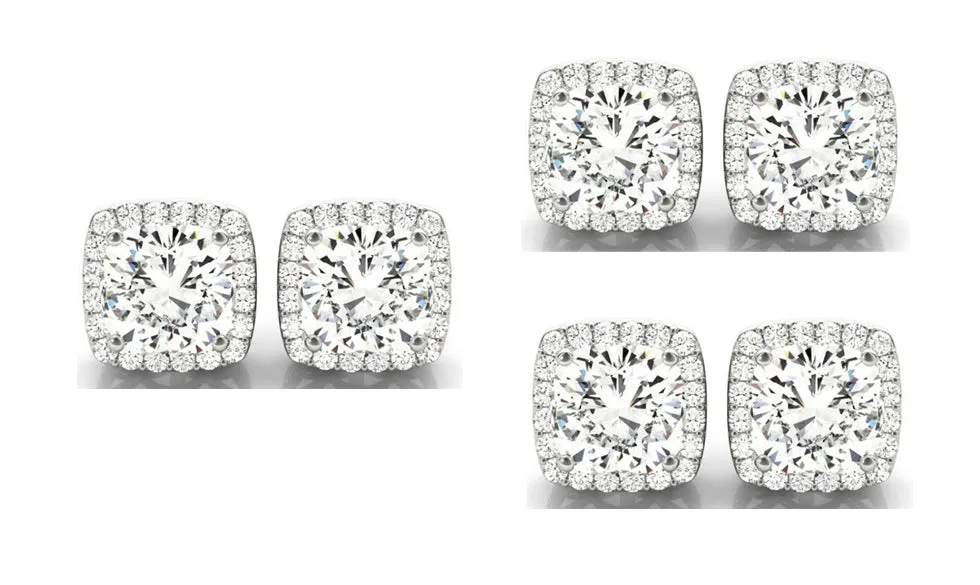 14k White Gold 4mm 1Ct Cushion Cut White Sapphire Set Of Three Halo Stud Earrings Plated