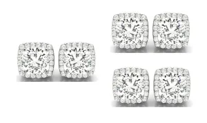 14k White Gold 6mm 4Ct Cushion Cut White Sapphire Set Of Three Halo Stud Earrings Plated