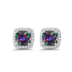 14k White Gold Plated 1 Ct Created Halo Princess Cut Mystic Topaz Stud Earrings