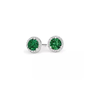 14k White Gold Plated 1/2 Ct Round Created Emerald Halo Stud Earrings