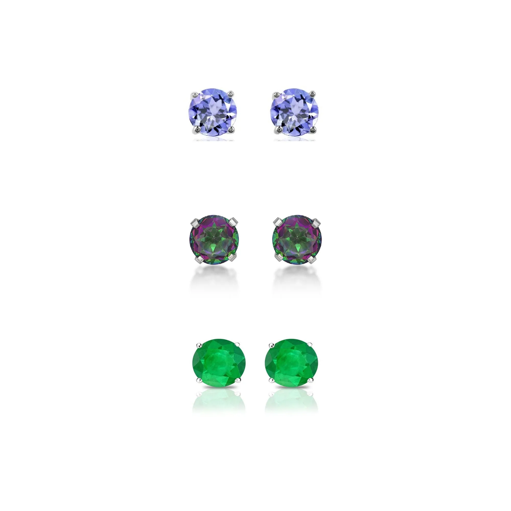 14k White Gold Plated 1/2Ct Created Tanzanite, Mystic Topaz and Emerald 3 Pair Round Stud Earrings