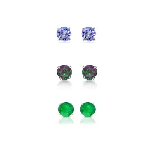 14k White Gold Plated 1/2Ct Created Tanzanite, Mystic Topaz and Emerald 3 Pair Round Stud Earrings