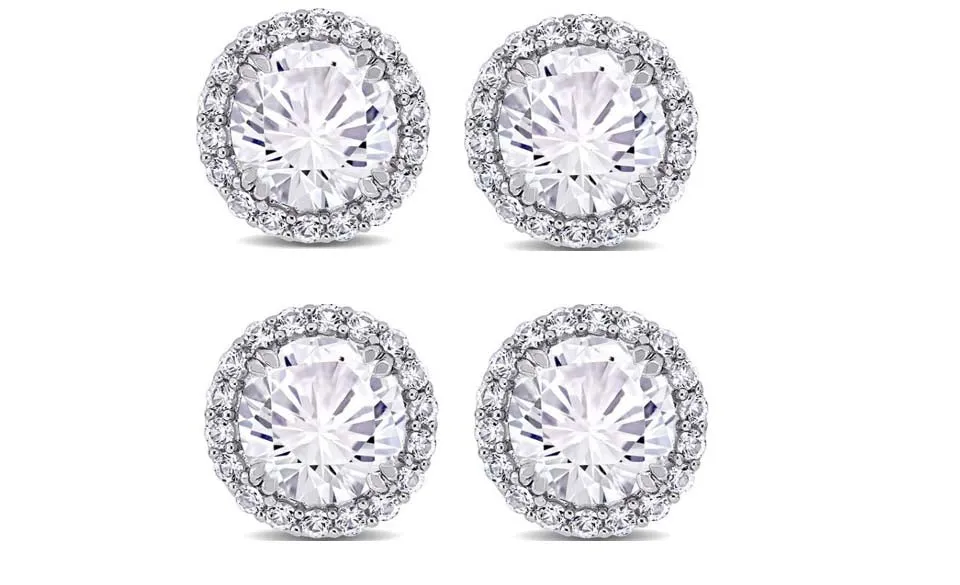 14k White Gold Plated 1/2Ct Round White Sapphire Set Of Two Halo Stud Earrings