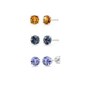 14k White Gold Plated 1Ct Created Citrine, Alexandrite and Tanzanite 3 Pair Round Stud Earrings