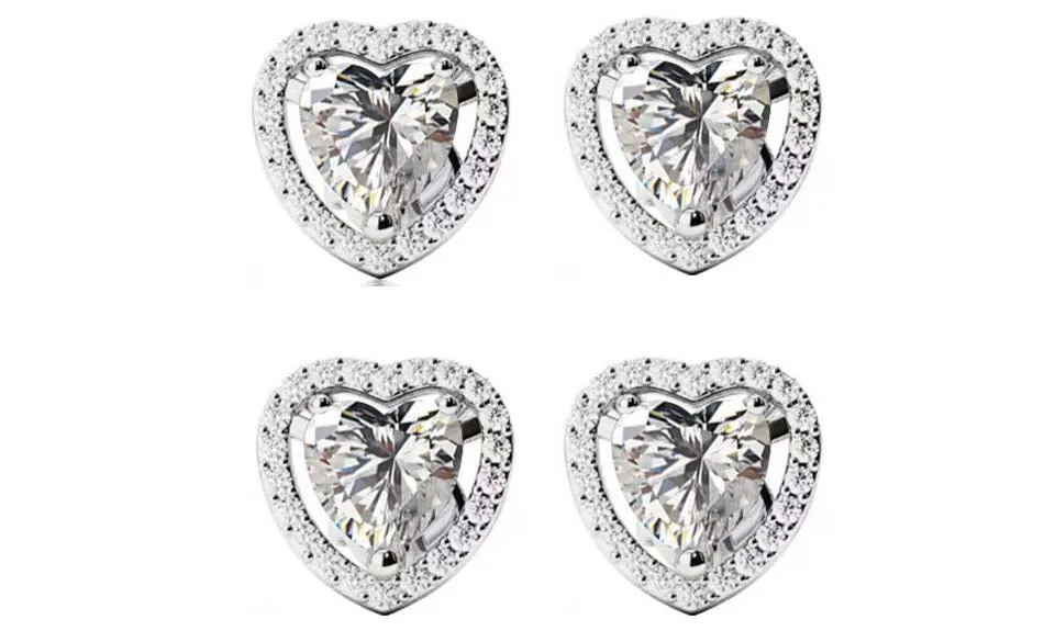 14k White Gold Plated 1Ct Heart White Sapphire Set of Two Halo Stud Earrings