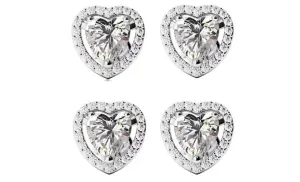 14k White Gold Plated 1Ct Heart White Sapphire Set of Two Halo Stud Earrings