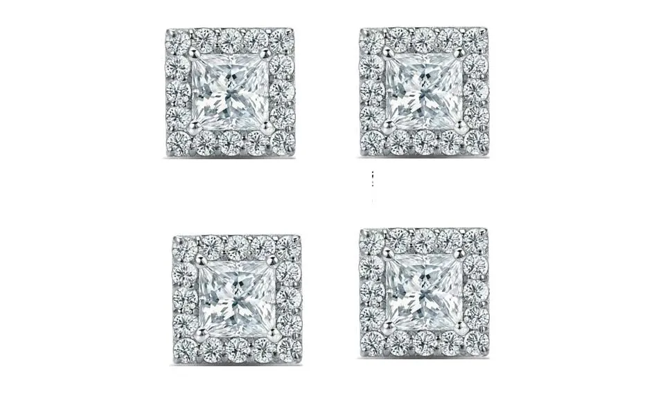 14k White Gold Plated 1Ct Princess Cut White Sapphire Set of Two Halo Stud Earrings