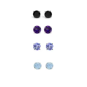 14k White Gold Plated 2Ct Created Black Sapphire, Amethyst, Tanzanite and Aquamarine 4 Pair Round Stud Earrings