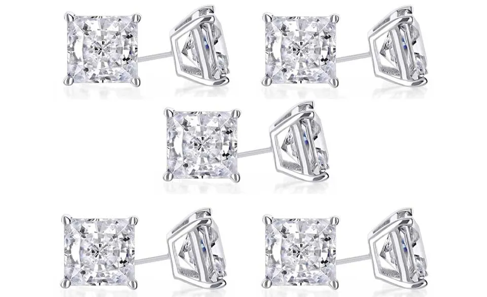 14k White Gold Plated 2Ct Princess Cut White Sapphire Set Of Five Stud Earrings