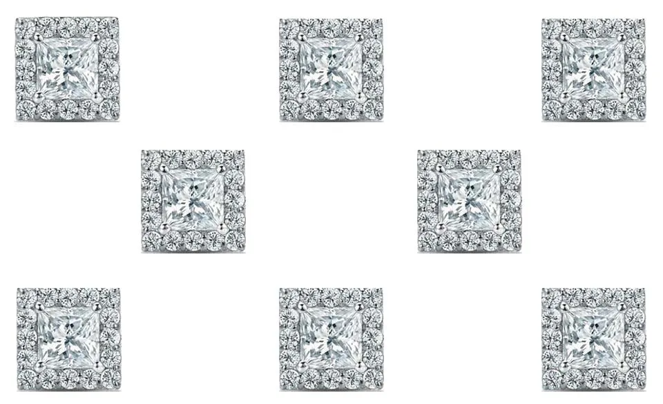 14k White Gold Plated 2Ct Princess Cut White Sapphire Set of Four Halo Stud Earrings