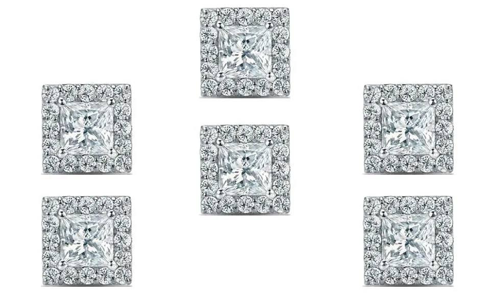 14k White Gold Plated 2Ct Princess Cut White Sapphire Set of Three Halo Stud Earrings