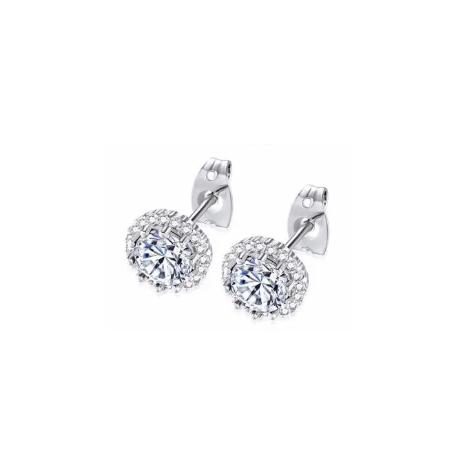 14k White Gold Plated 3 Ct Created Halo Round White Sapphire Stud Earrings