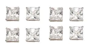 14k White Gold Plated 3Ct Square Cut White Sapphire Set Of Four Stud Earrings