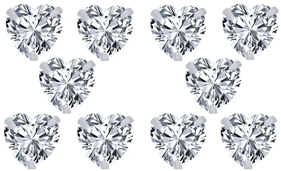 14k White Gold Plated 4mm 1Ct Heart White Sapphire Set Of Five Stud Earrings