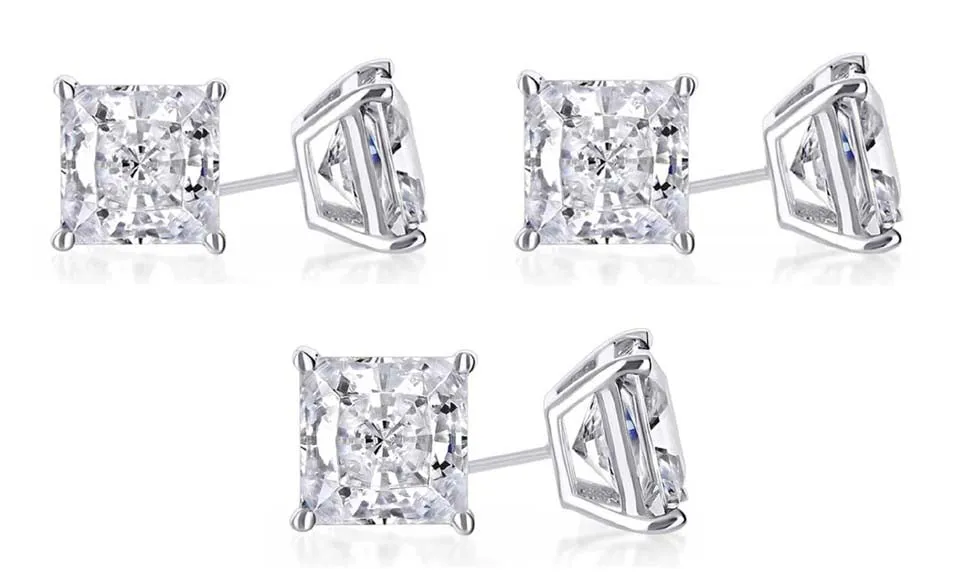 14k White Gold Plated 4mm 1Ct Princess Cut White Sapphire Set Of Three Stud Earrings