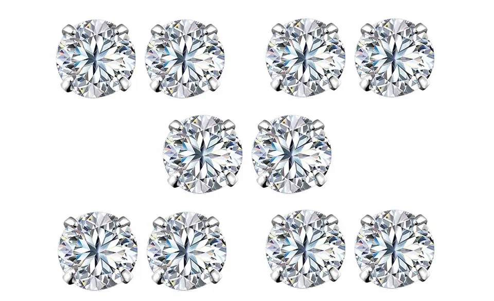 14k White Gold Plated 4mm 1Ct Round White Sapphire Set Of Five Stud Earrings