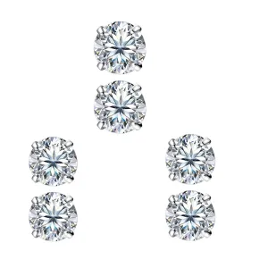 14k White Gold Plated 4mm 2Ct Round White Sapphire Set Of Three Stud Earrings