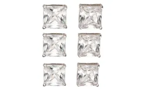 14k White Gold Plated 4mm 2Ct Square Cut White Sapphire Set Of Three Stud Earrings