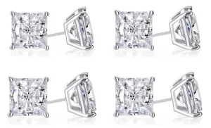 14k White Gold Plated 4mm 3Ct Princess Cut White Sapphire Set Of Four Stud Earrings