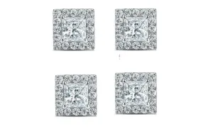 14k White Gold Plated 6mm 1/2Ct Princess Cut White Sapphire Set of Two Halo Stud Earrings