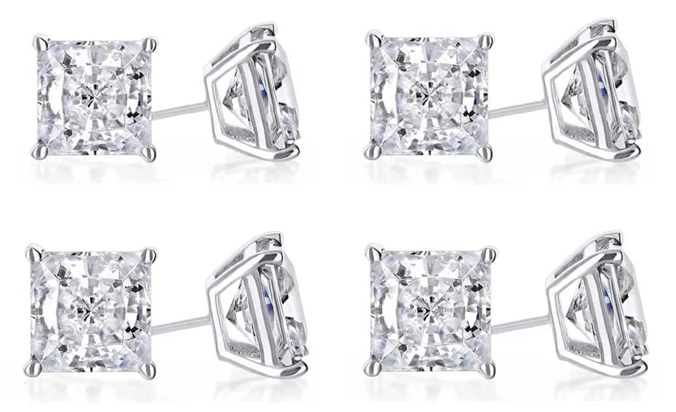 14k White Gold Plated 6mm 1Ct Princess Cut White Sapphire Set Of Four Stud Earrings