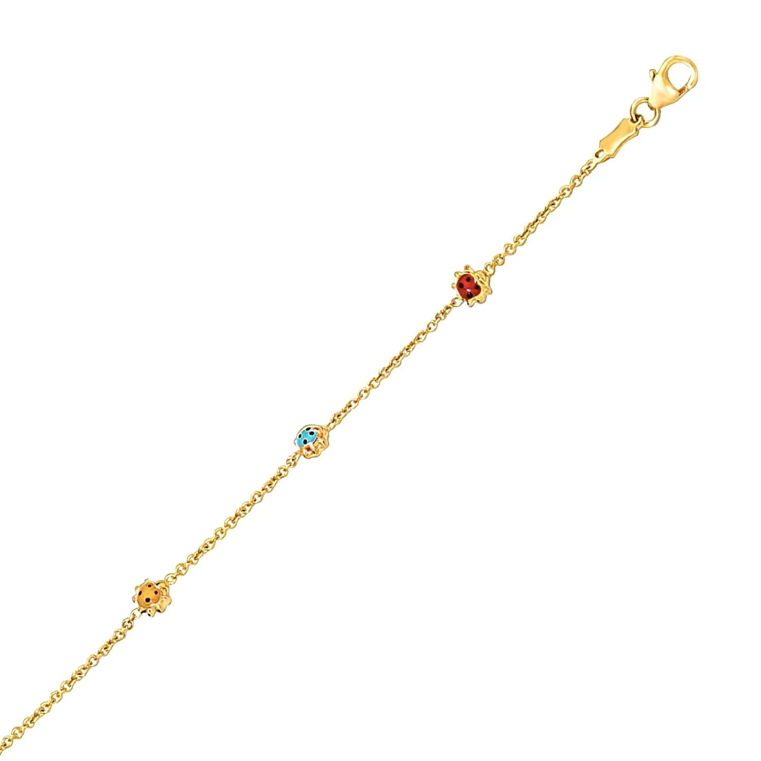 14k Yellow Gold Chain Bracelet with Multi-Tone Ladybug Stations