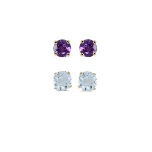 14k Yellow Gold Plated 1/2Ct Created Amethyst and Aquamarine 2 Pair Round Stud Earrings