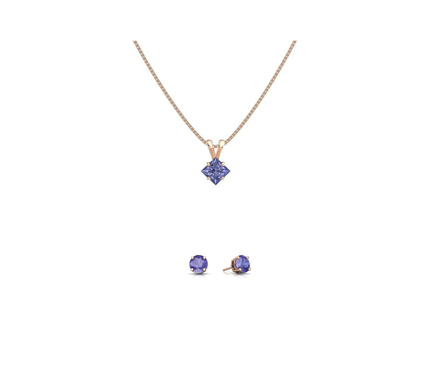 18K Rose Gold 1ct Tanzanite Square 18 Inch Necklace and Round Earrings Set Plated