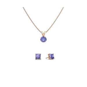 18K Rose Gold 2ct Tanzanite Round 18 Inch Necklace and Square Earrings Set Plated