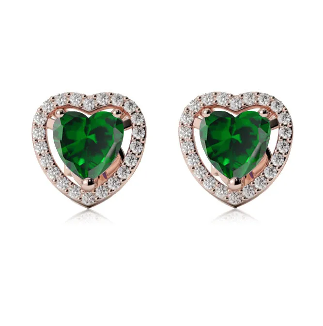 18k Rose Gold Plated 1 Ct Created Halo Heart Emerald Stud Earrings