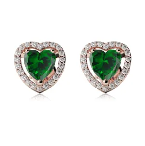 18k Rose Gold Plated 4 Ct Created Halo Heart Emerald Stud Earrings