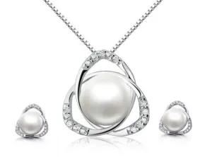 18K White Gold 2 ct Pearl Halo Round 18 Inch Necklace and Earrings Set Plated