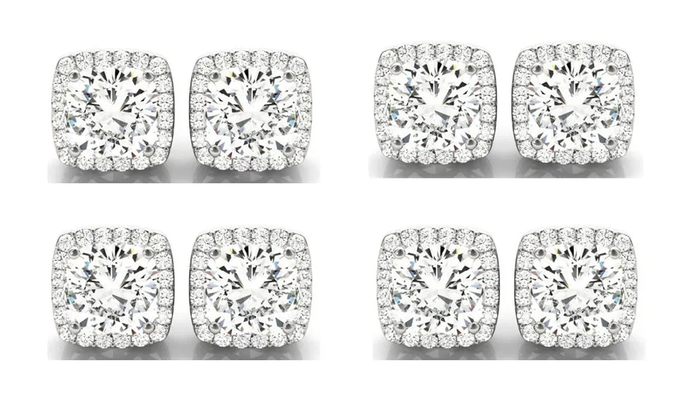 18k White Gold 6mm 1Ct Cushion Cut White Sapphire Set Of Four Halo Stud Earrings Plated